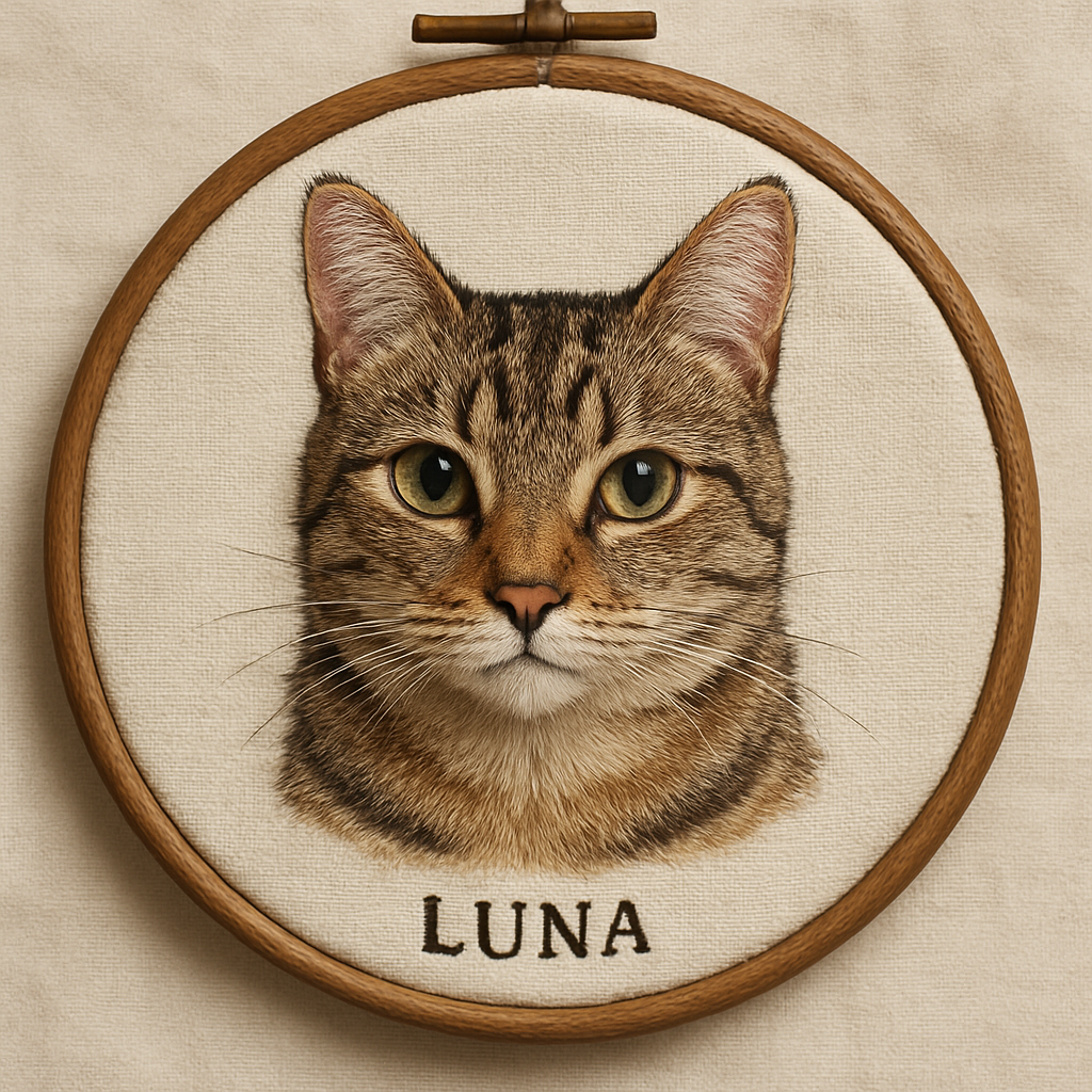 Close-up of Luna the tabby cat embroidery