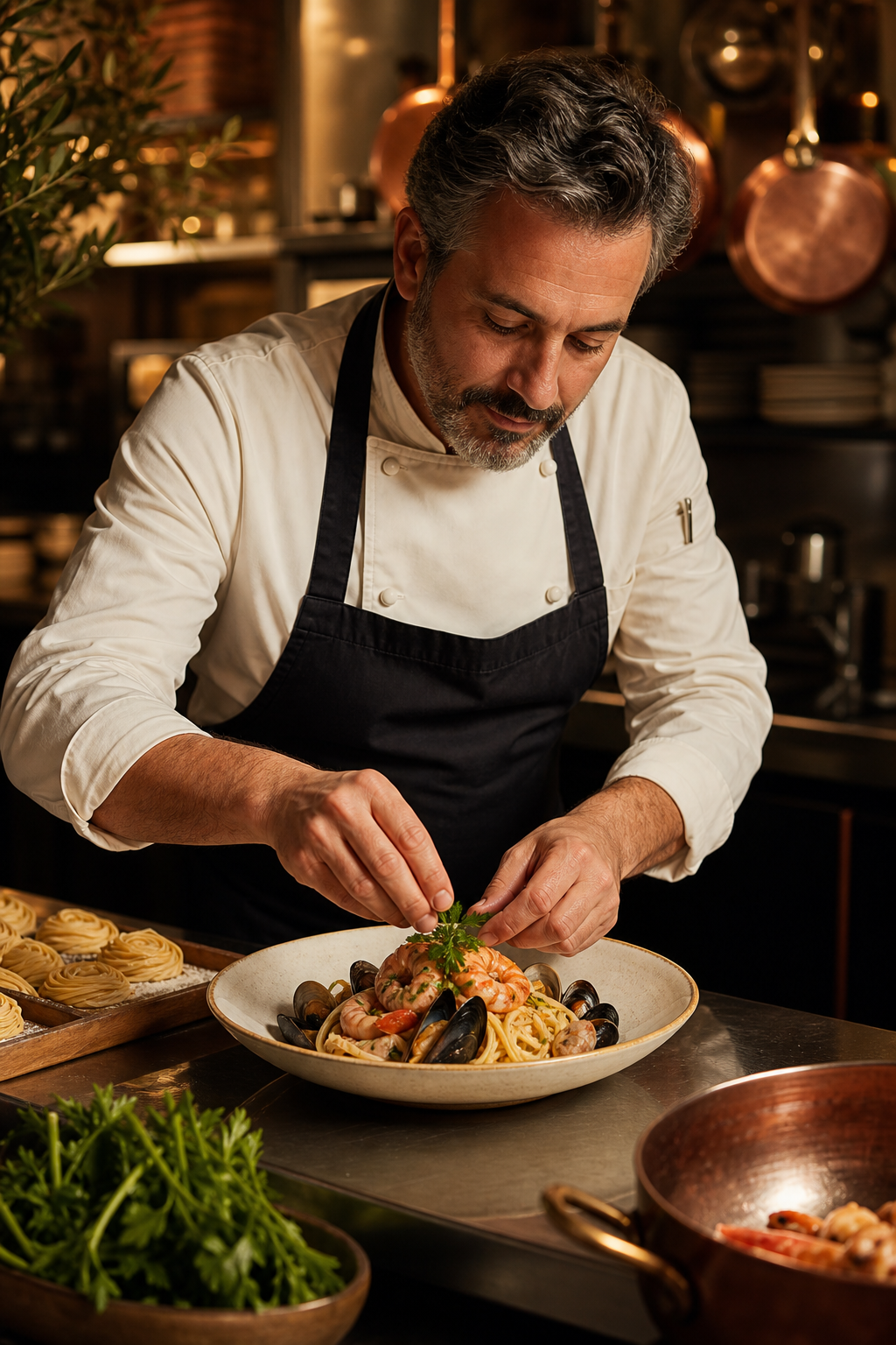 Chef Luca Moretti plating fresh seafood pasta in a warmly lit Italian kitchen