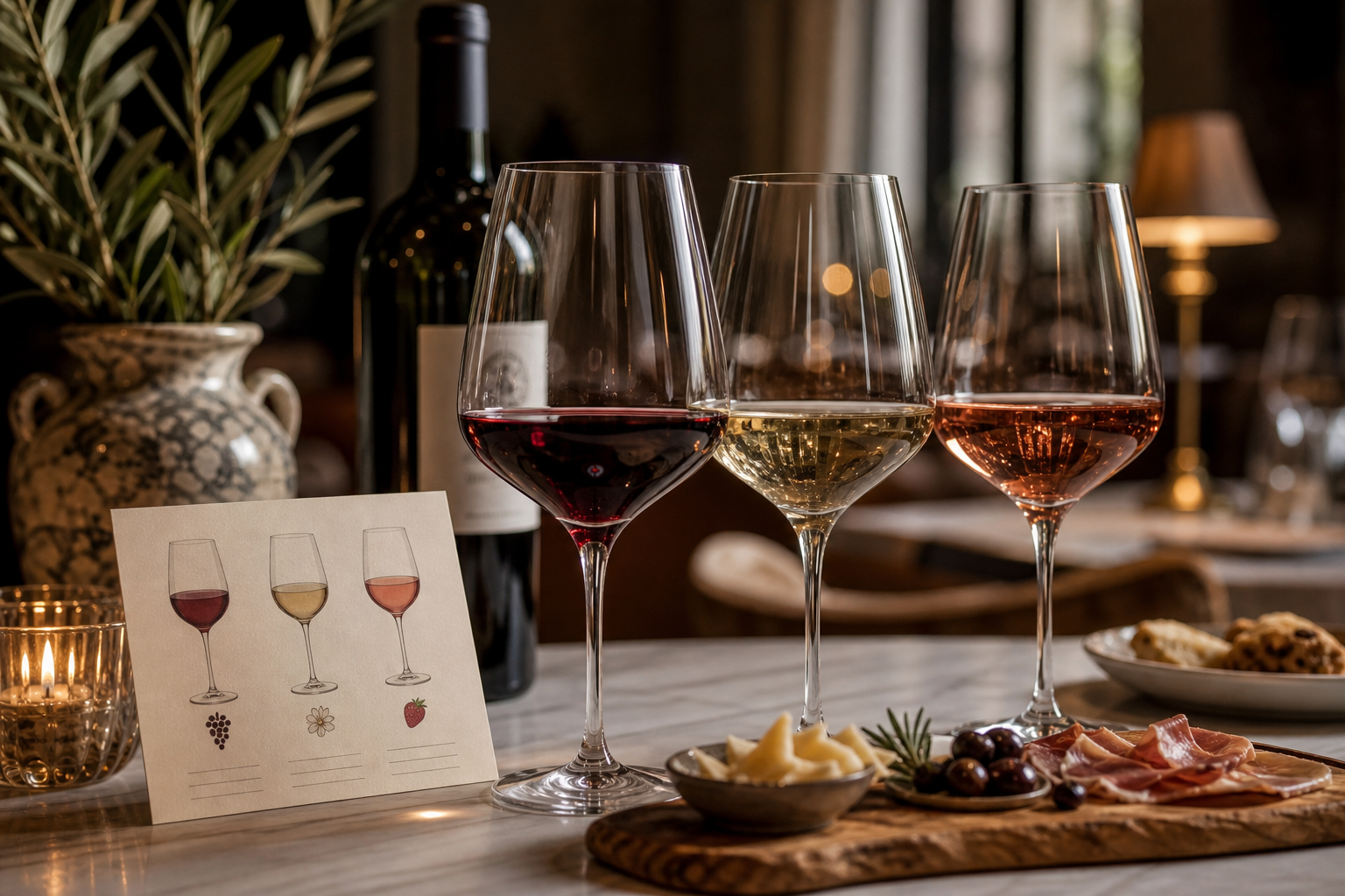 Curated Italian wine flight with red and white pours beside tasting notes