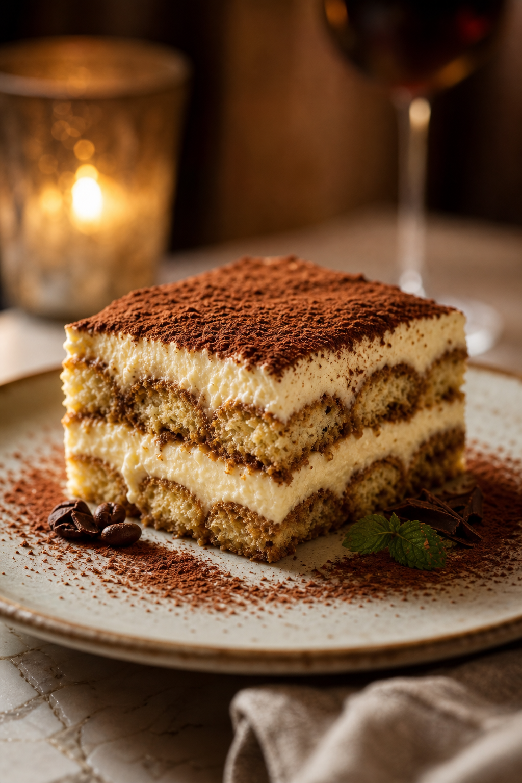 Tiramisu detail with cocoa dusting, layered mascarpone cream, and a polished dessert presentation