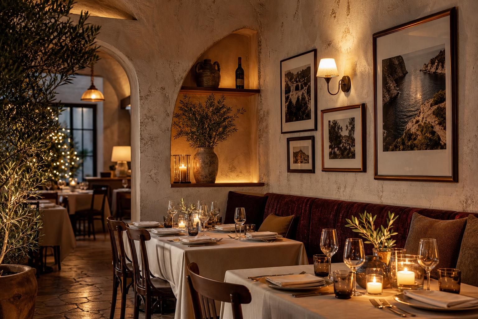 Side perspective of the dining room with textured walls, candlelit tables, and guests enjoying conversation