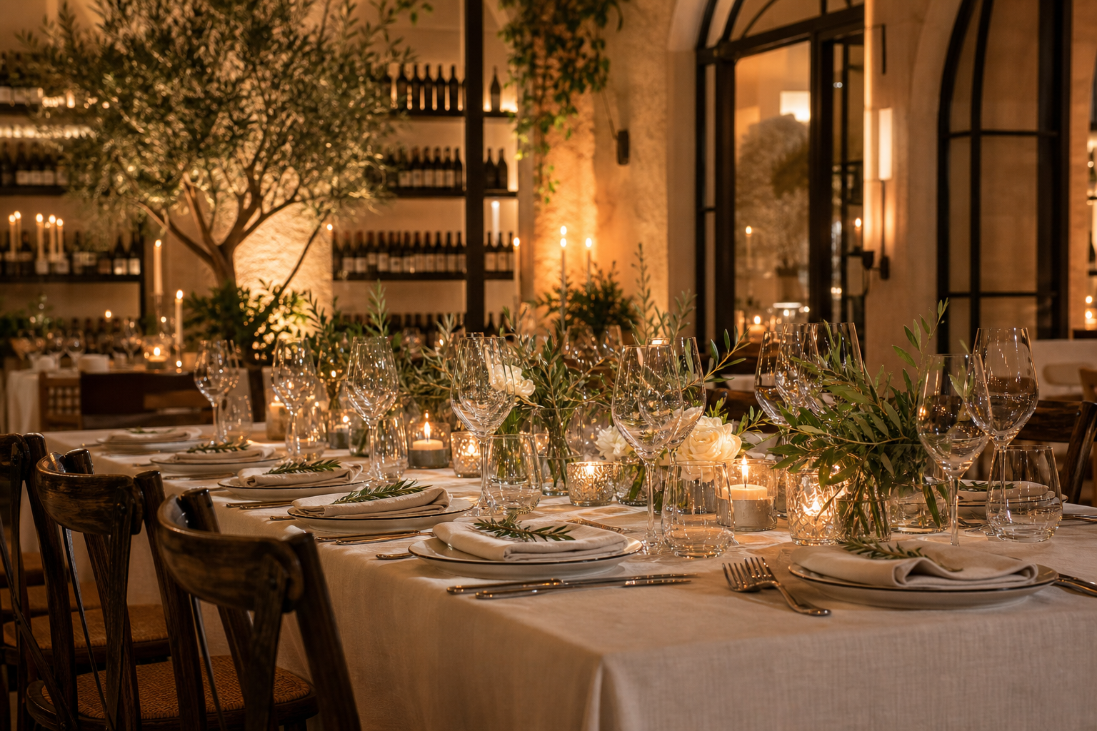 Elegant Italian restaurant table setup for a private evening event with candles, glassware, and warm ambient lighting