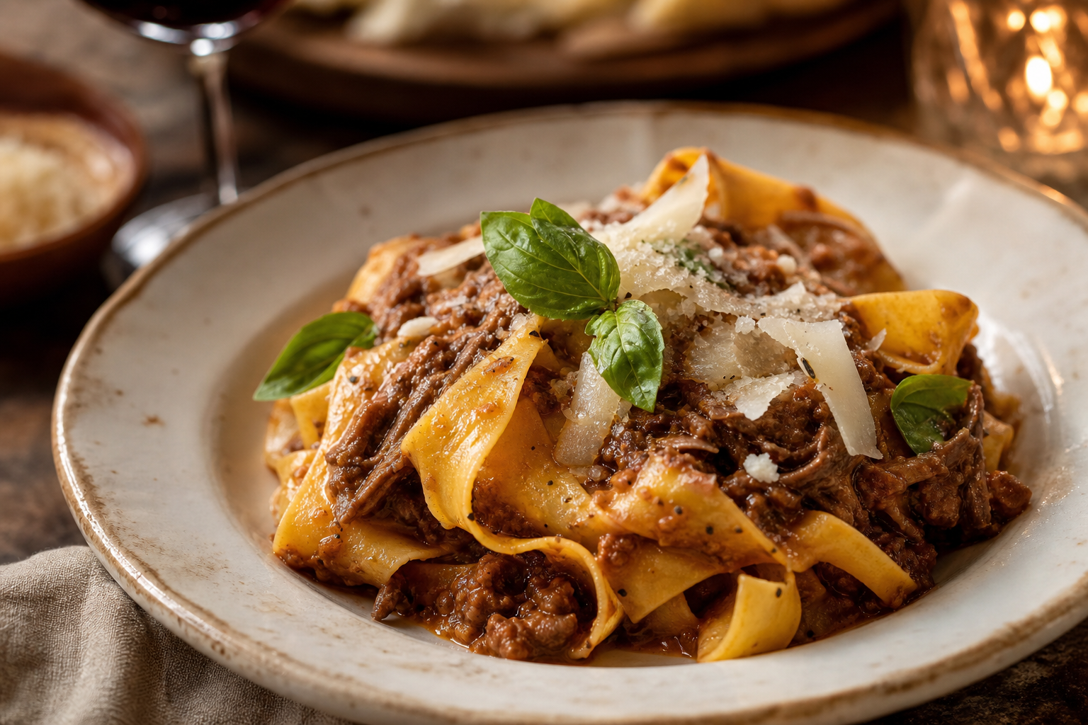 Handmade pappardelle pasta with slow-braised ragù, shaved pecorino, and basil on a ceramic plate