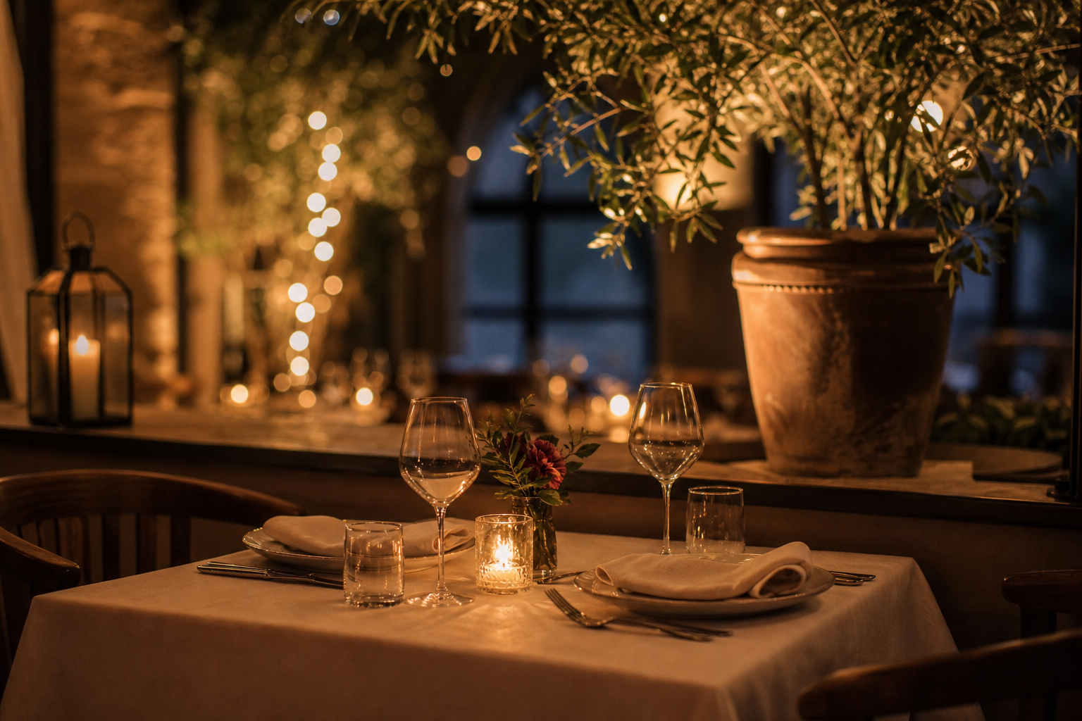 Intimate two-person table with candle glow, folded napkins, and soft evening ambience
