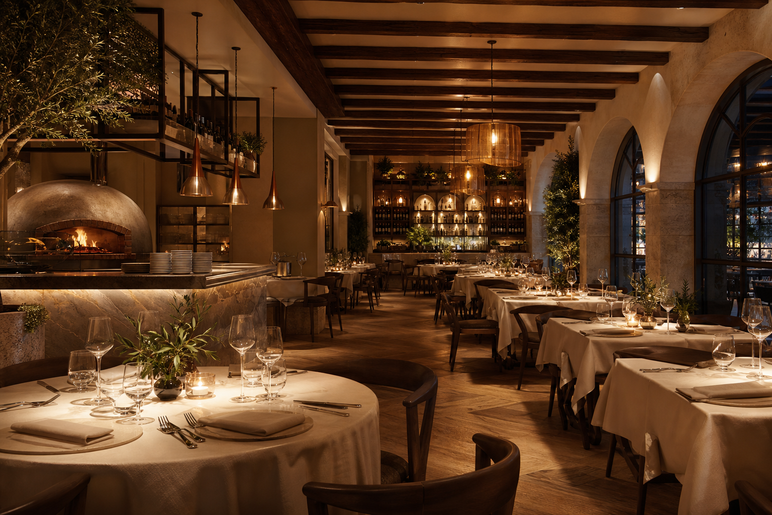 Elegant main dining room with warm pendant lighting, linen-set tables, and a refined Italian evening atmosphere
