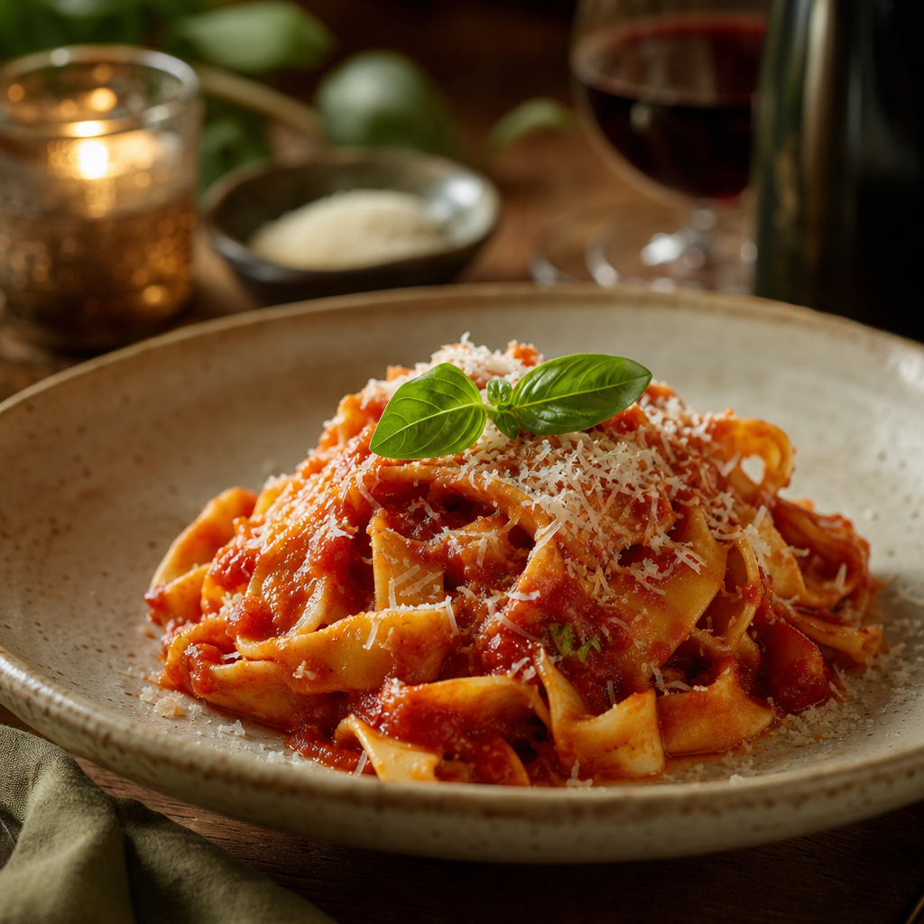 Close-up of handmade pasta plated with rich tomato sauce, grated cheese, and fresh basil leaves