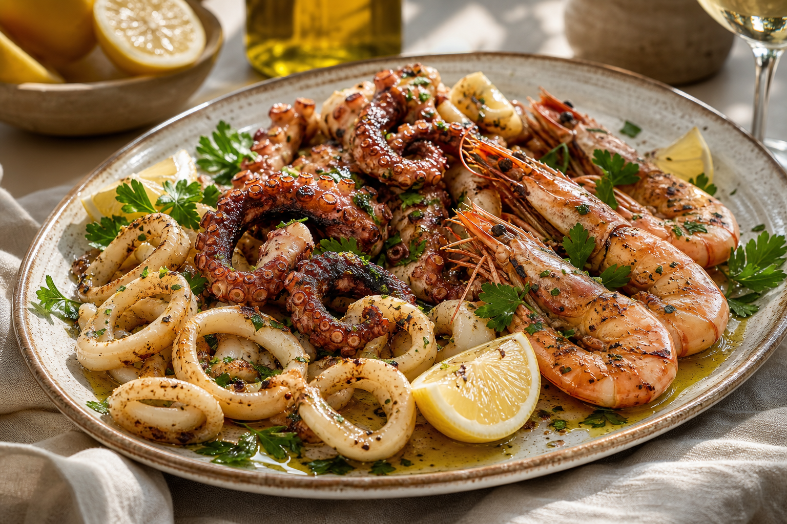 Mediterranean seafood platter with grilled octopus, prawns, lemon, and herbs