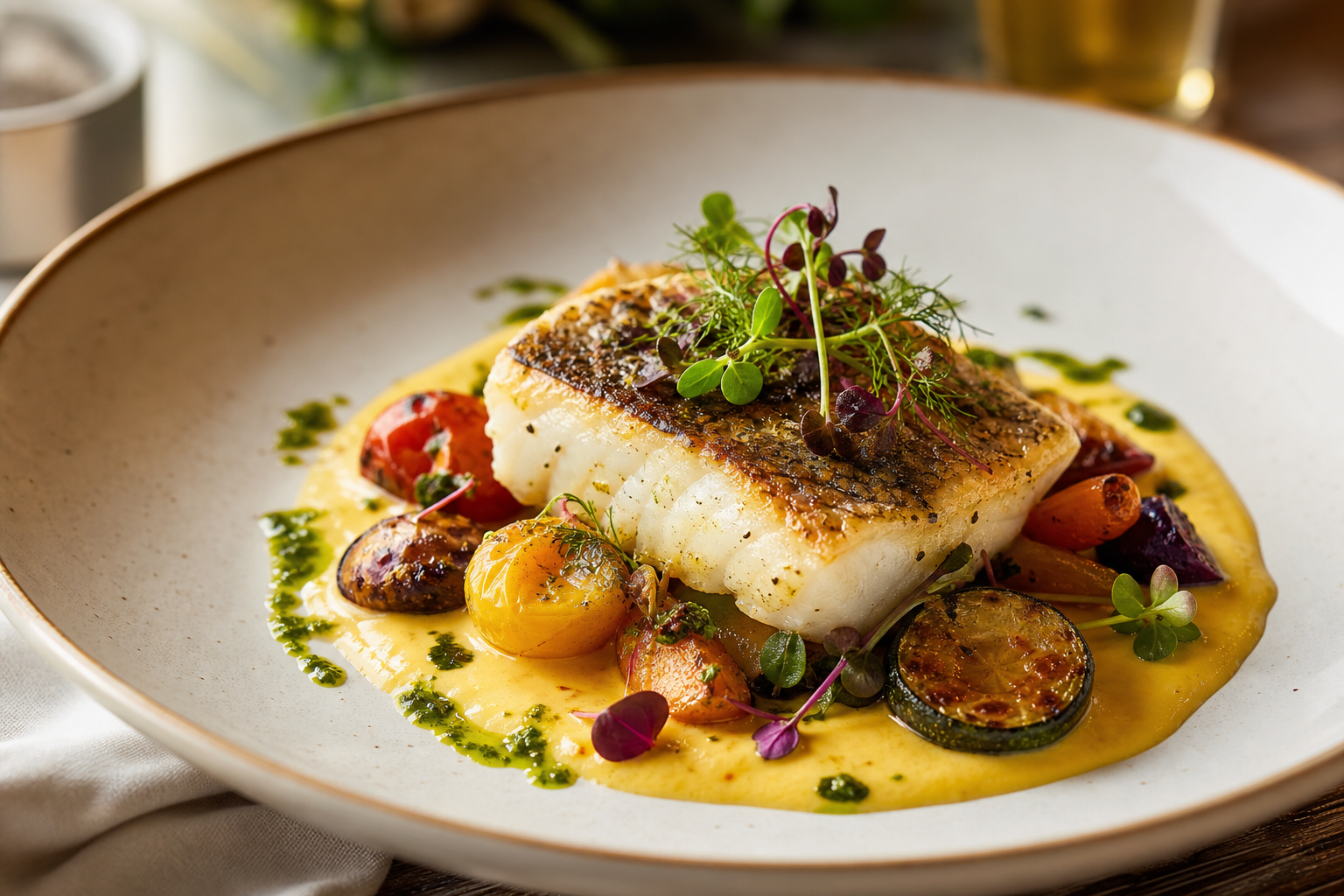 Seasonal chef special plated with roasted vegetables, herbs, and saffron sauce