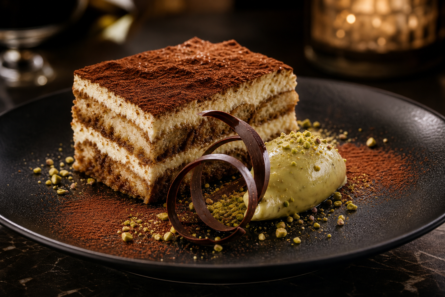 Elegant Italian dessert plate with tiramisu slice, pistachio cream, and cocoa dust