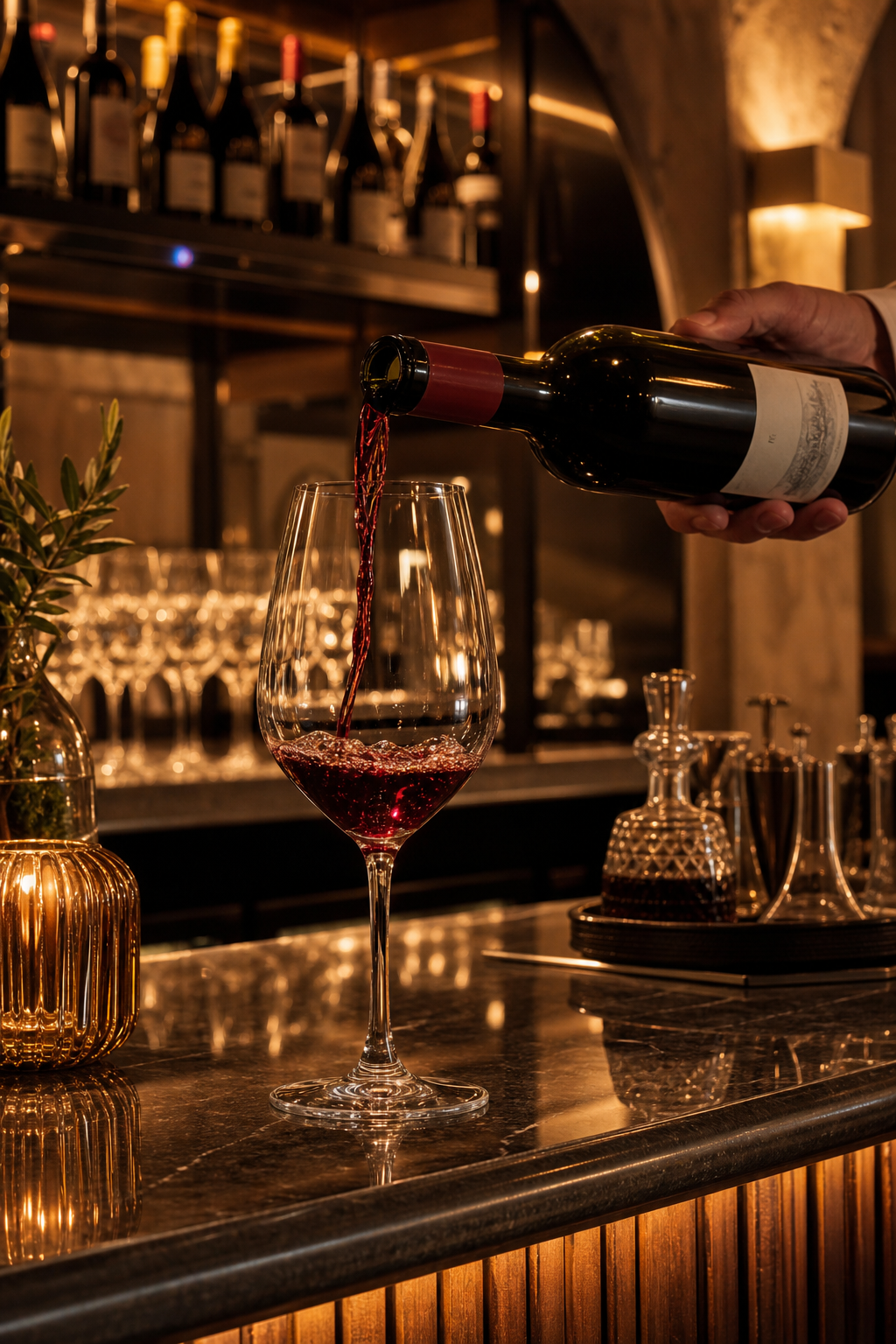 Bartender pouring deep red wine from a bottle beside glassware and curated Italian labels