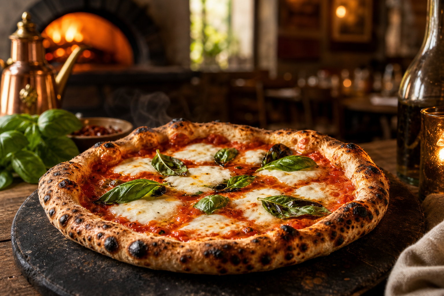 Wood-fired Neapolitan pizza with blistered crust, San Marzano tomatoes, and mozzarella