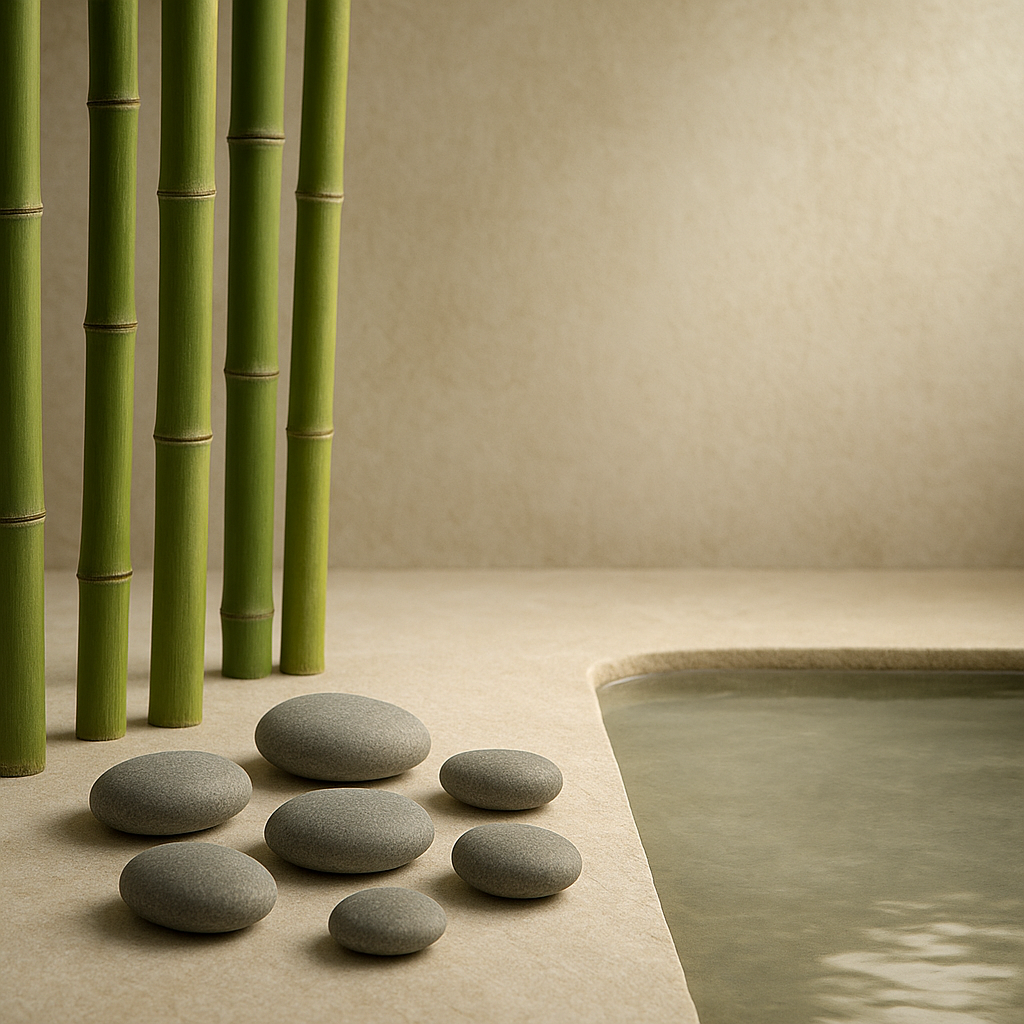Minimalist spa scene with tall bamboo, smooth river stones, and a shallow pool of still water