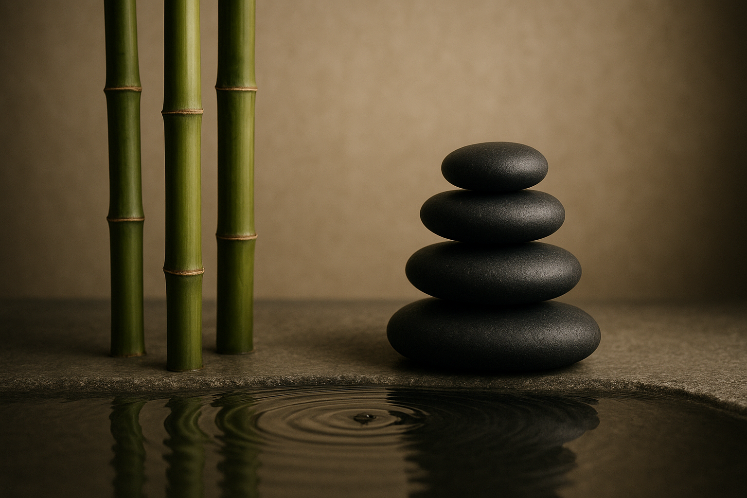 Minimalist Japanese spa scene with bamboo stalks, smooth black stones, and gentle water ripples in soft ambient light