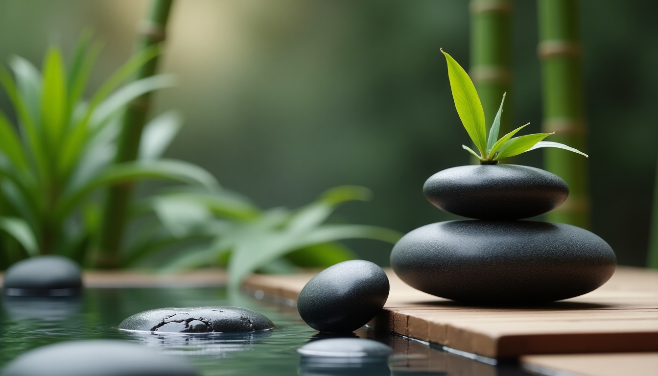 Smooth river stones, bamboo stalks, and a shallow pool of flowing water arranged in a serene spa setting