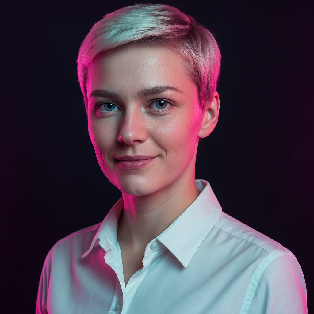 Portrait of Anastasiia Levchenko, a Ukrainian woman in her early thirties with platinum blonde pixie cut and blue eyes, wearing a white button-down shirt, photographed in moody neon-magenta and cyan studio lighting