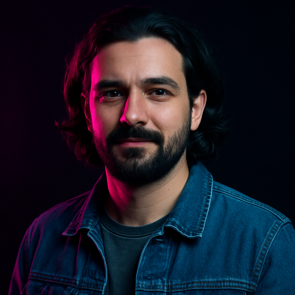 Portrait of Dmytro Savchuk, a Ukrainian man in his mid thirties with dark wavy hair and a short beard, wearing a denim jacket over a grey shirt, photographed in moody neon-magenta and cyan studio lighting