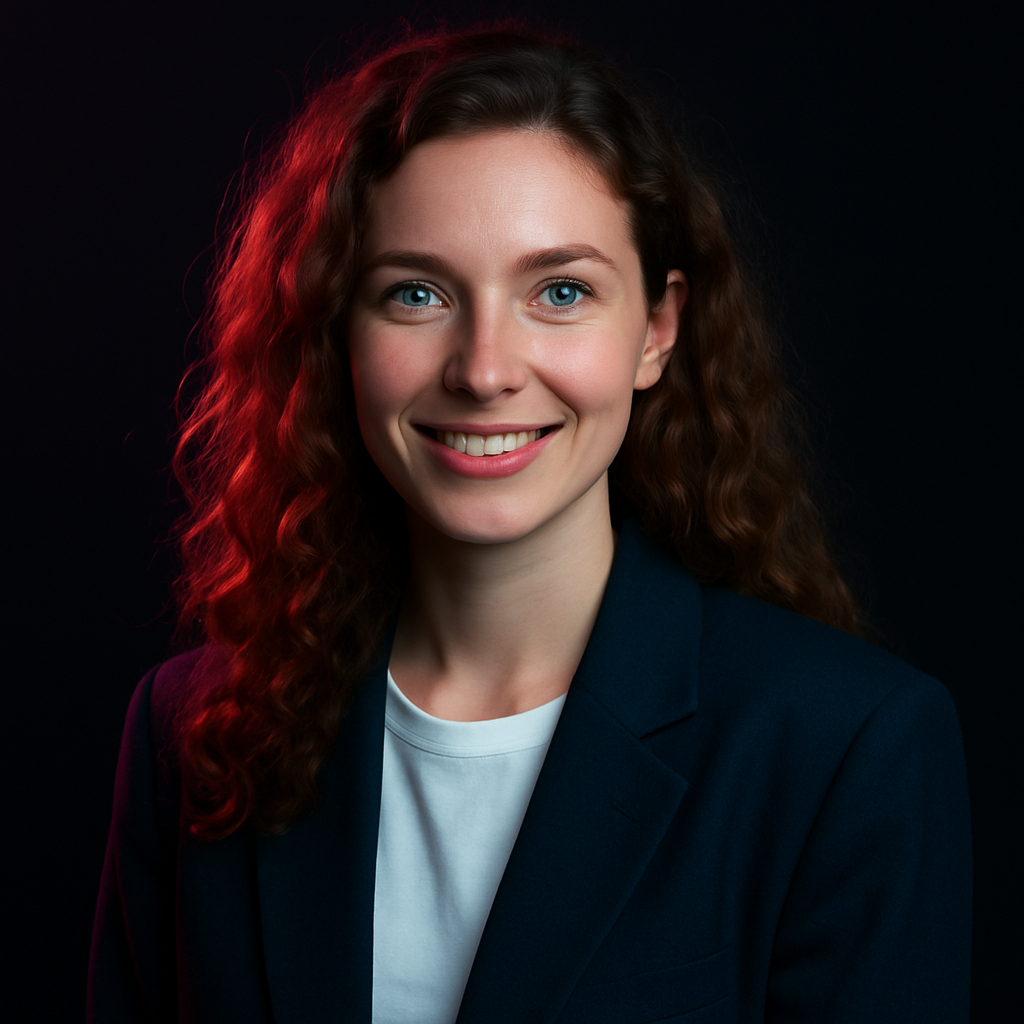 Portrait of Iryna Bondar, a Ukrainian woman in her mid twenties with long auburn curly hair and green eyes, wearing a navy oversized blazer, photographed in moody neon-magenta and cyan studio lighting
