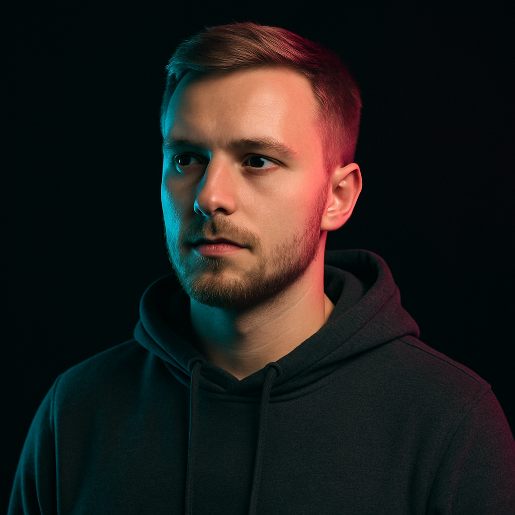 Portrait of Mateusz Kowalski, a Polish man in his late twenties with short blond hair and a trimmed beard, wearing a charcoal hoodie, photographed in moody neon-magenta and cyan studio lighting