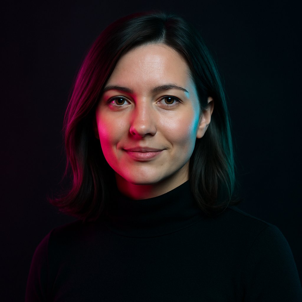 Portrait of Olena Marchenko, a Ukrainian woman in her early thirties with shoulder-length dark hair and warm hazel eyes, wearing a black turtleneck, photographed in moody neon-magenta and cyan studio lighting