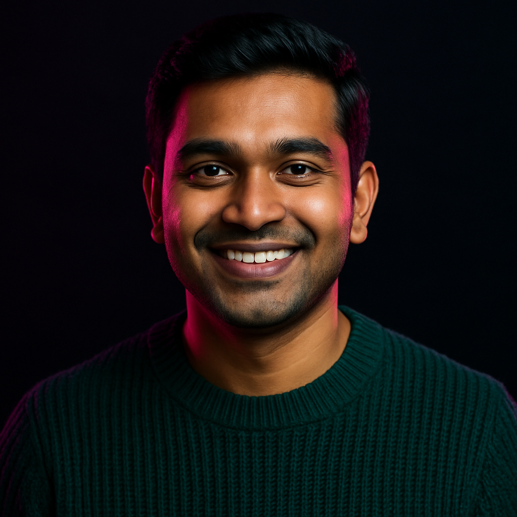 Portrait of Ravi Shankar, an Indian man in his early thirties with short black hair and a friendly smile, wearing a forest-green knit sweater, photographed in moody neon-magenta and cyan studio lighting
