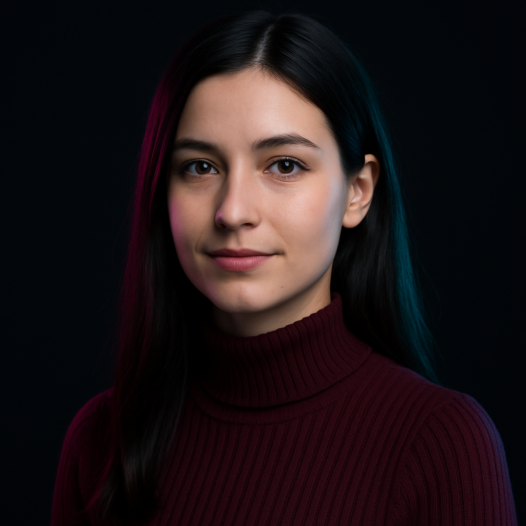 Portrait of Sofia Reinhardt, a German woman in her late twenties with long straight black hair and brown eyes, wearing a maroon turtleneck sweater, photographed in moody neon-magenta and cyan studio lighting