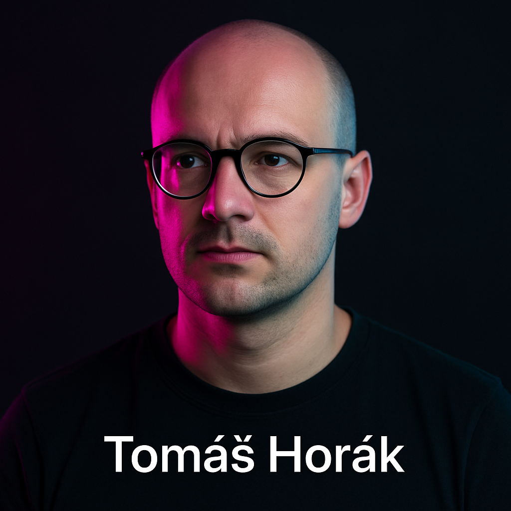Portrait of Tomáš Horák, a Czech man in his late thirties with shaved head and round glasses, wearing a black t-shirt, photographed in moody neon-magenta and cyan studio lighting