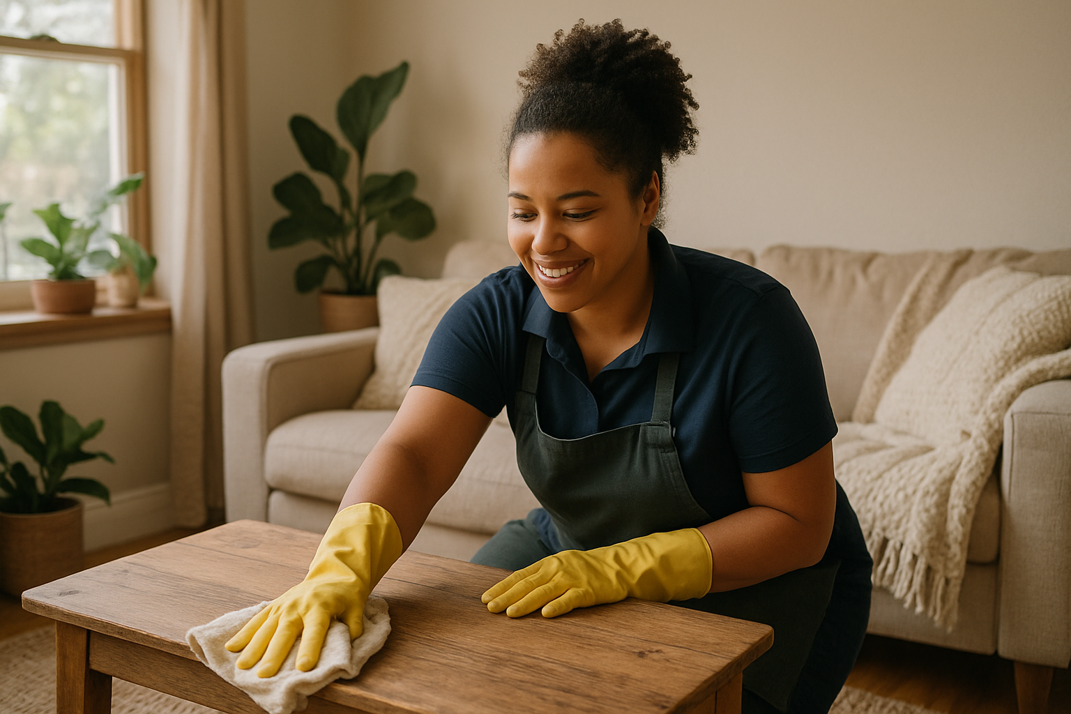 Friendly cleaner tidying a cozy, sunlit living room with natural textures and a lived-in feel