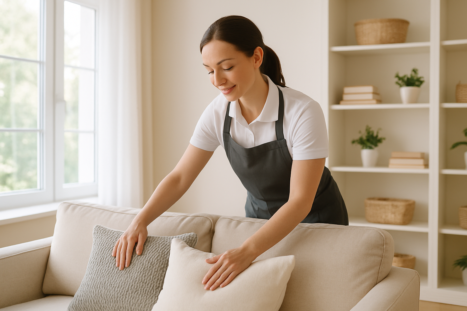Professional cleaner arranging cushions in a bright, well-kept living room, showcasing a spotless and welcoming home