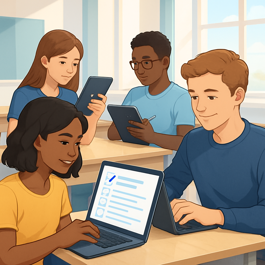 数据收集示意图：学生通过电脑和平板进行问卷填写或信息录入