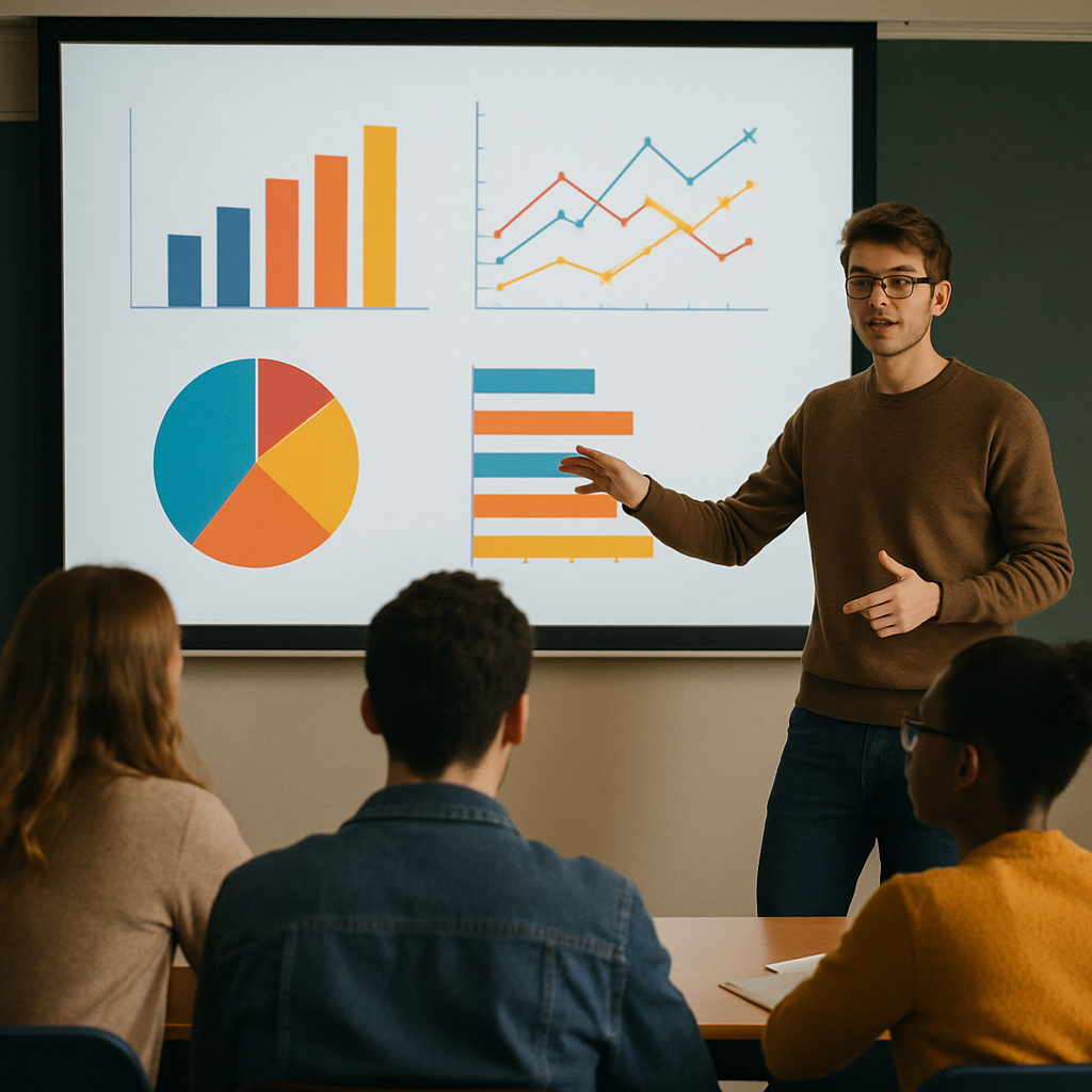 结果展示场景：学生通过大屏幕或投影仪展示数据分析成果图表