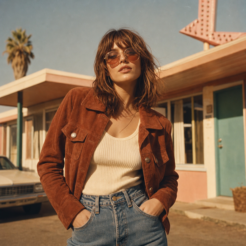 Sun-faded editorial photo of a model in a rust suede jacket and high-waisted denim, styled against a vintage motel backdrop