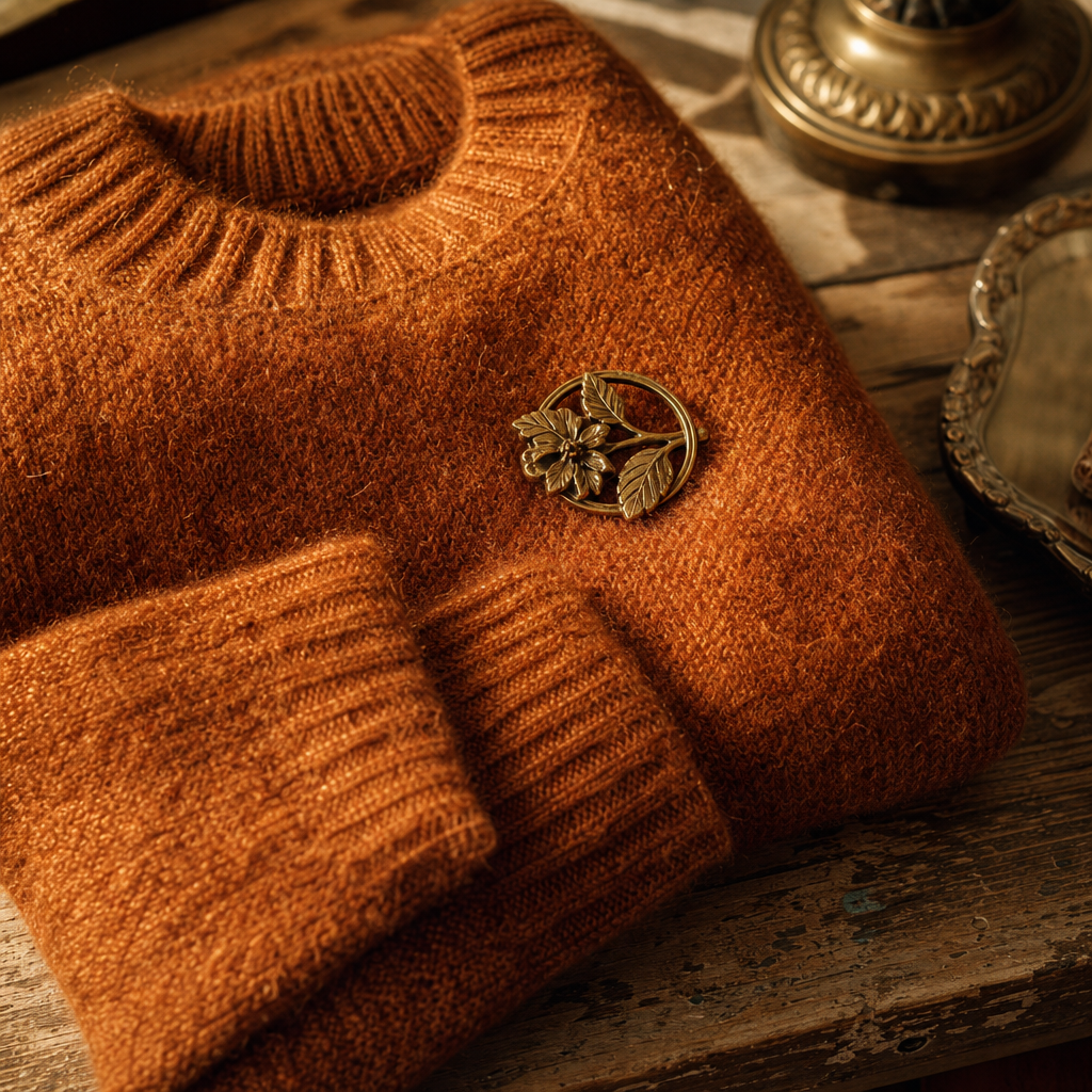Close-up of a textured rust knit sweater with a vintage brass brooch