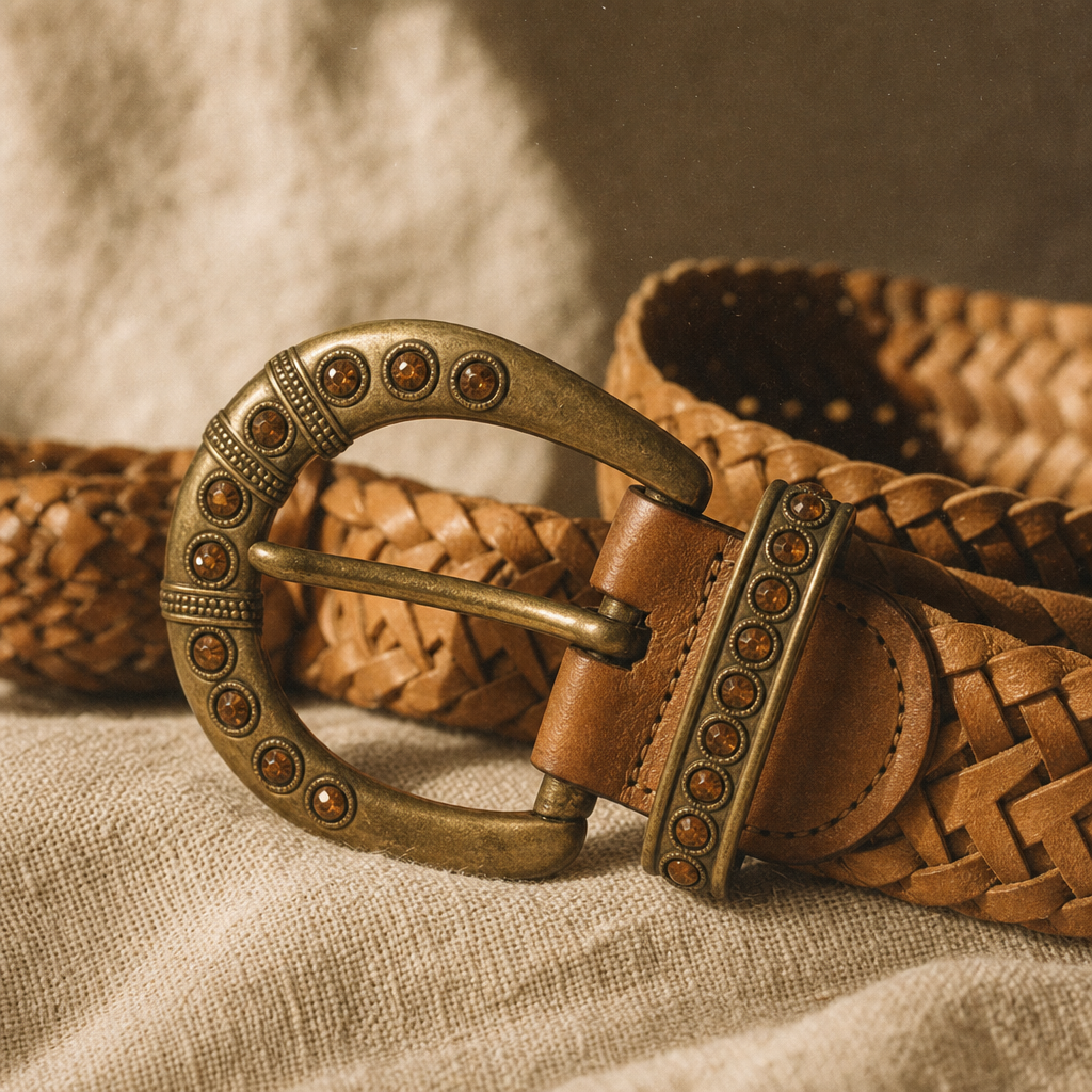 Close-up of an 80s brass belt buckle with amber stones and a woven leather strap on a linen surface