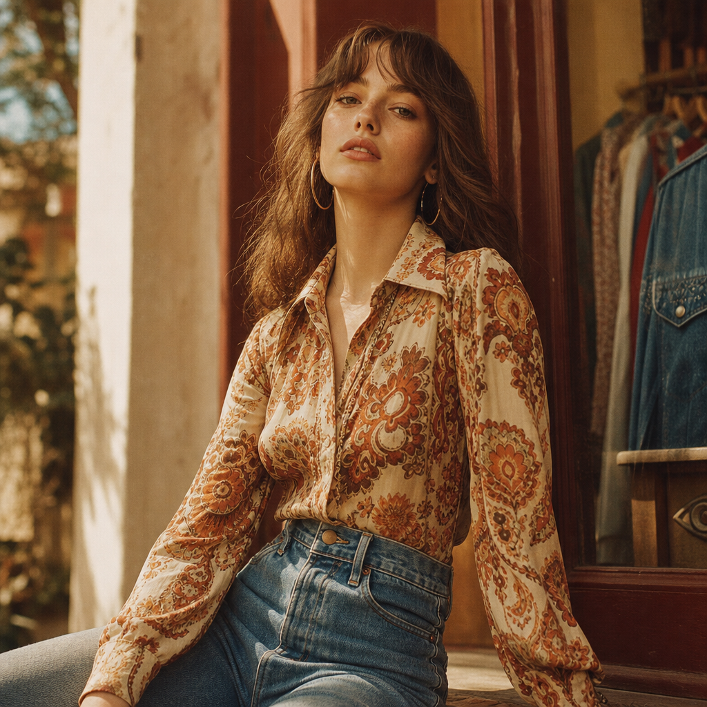 Warm-toned editorial portrait of a model in a 70s-inspired patterned blouse and high-waisted denim, photographed on film