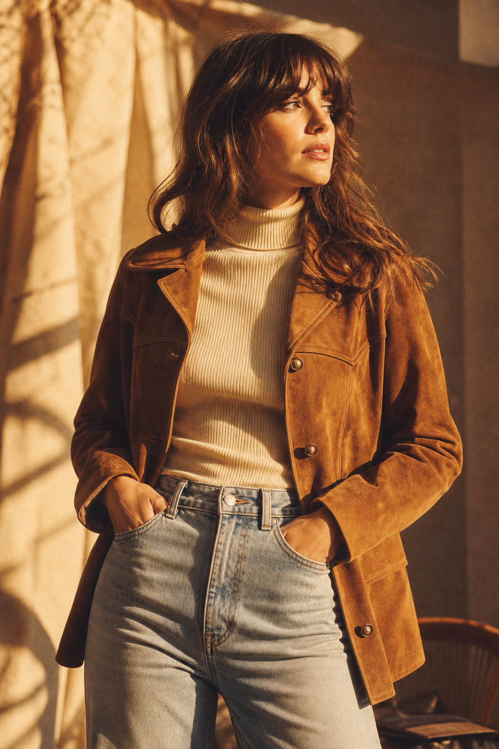 Editorial photo of a model in a caramel suede jacket and high-waisted denim, warm film lighting