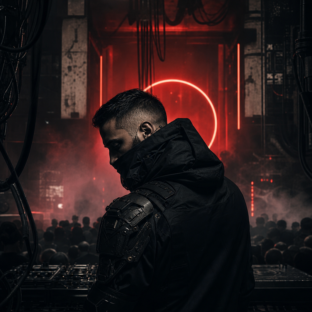 Moody portrait of Cypherk in a dark studio with minimal neon light