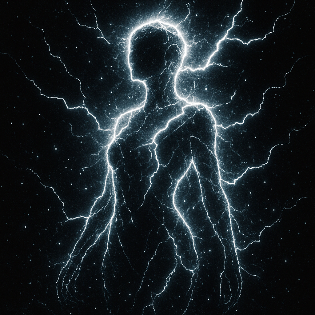Electric figure wrapped in jagged lightning arcs and shimmering sparks