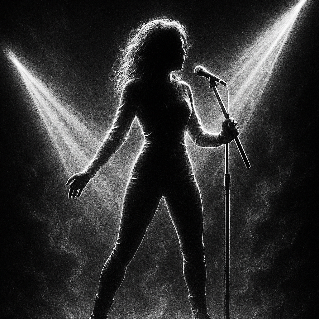 Stage-ready performer silhouette with holographic light beams and smoky haze