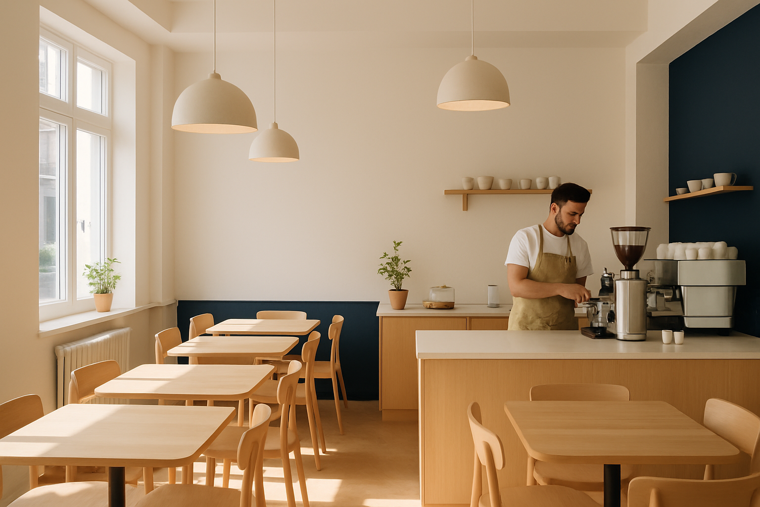 Sunlit Scandinavian cafe interior with light wood tables and a barista preparing coffee