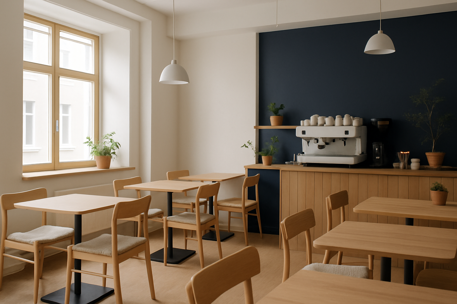 Cozy Scandinavian cafe interior with light wood furniture and soft daylight
