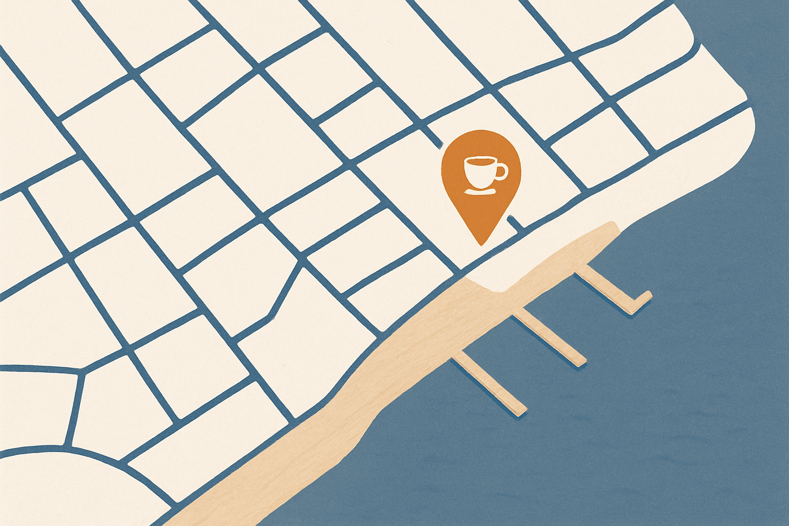 Map-style placeholder showing the cafe location near the waterfront