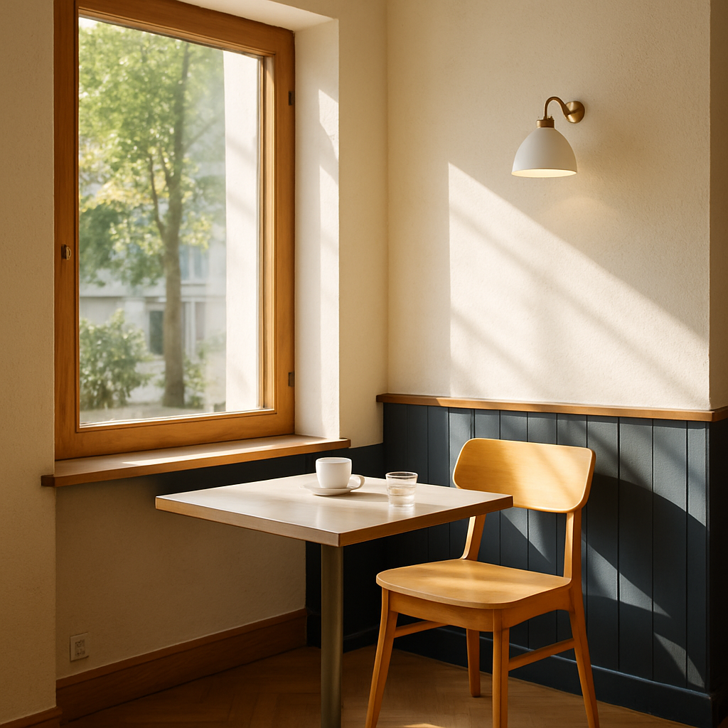 Sunlit cafe corner with window light