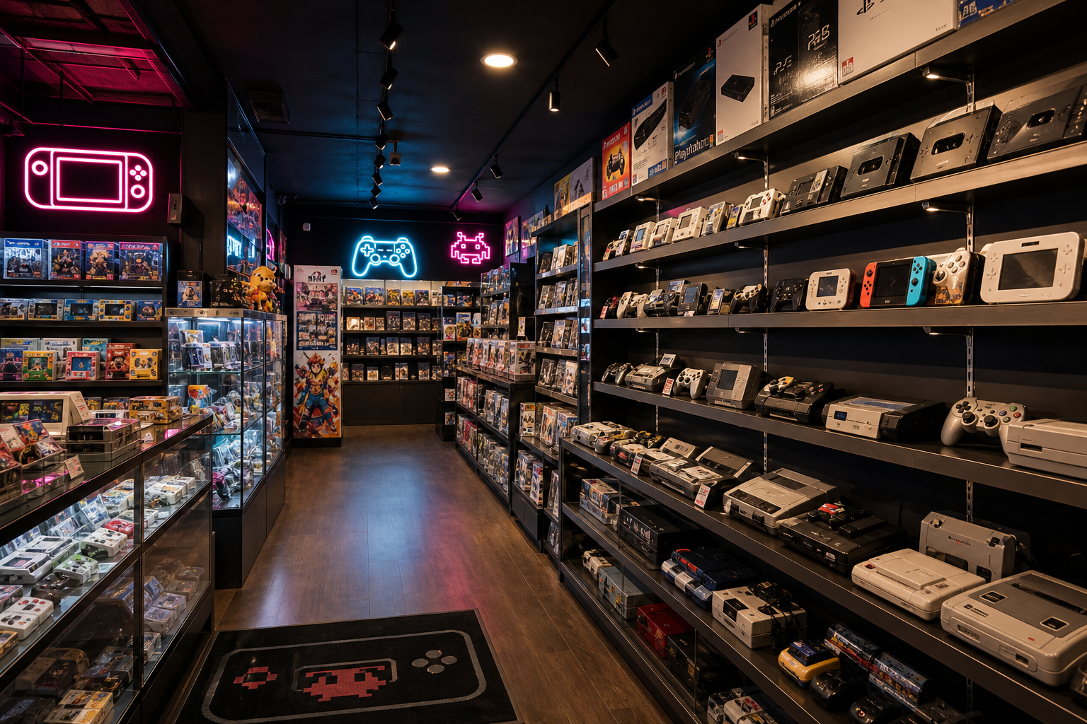 Neon-accented Japanese game console shop interior with curated shelves and a welcoming browsing atmosphere