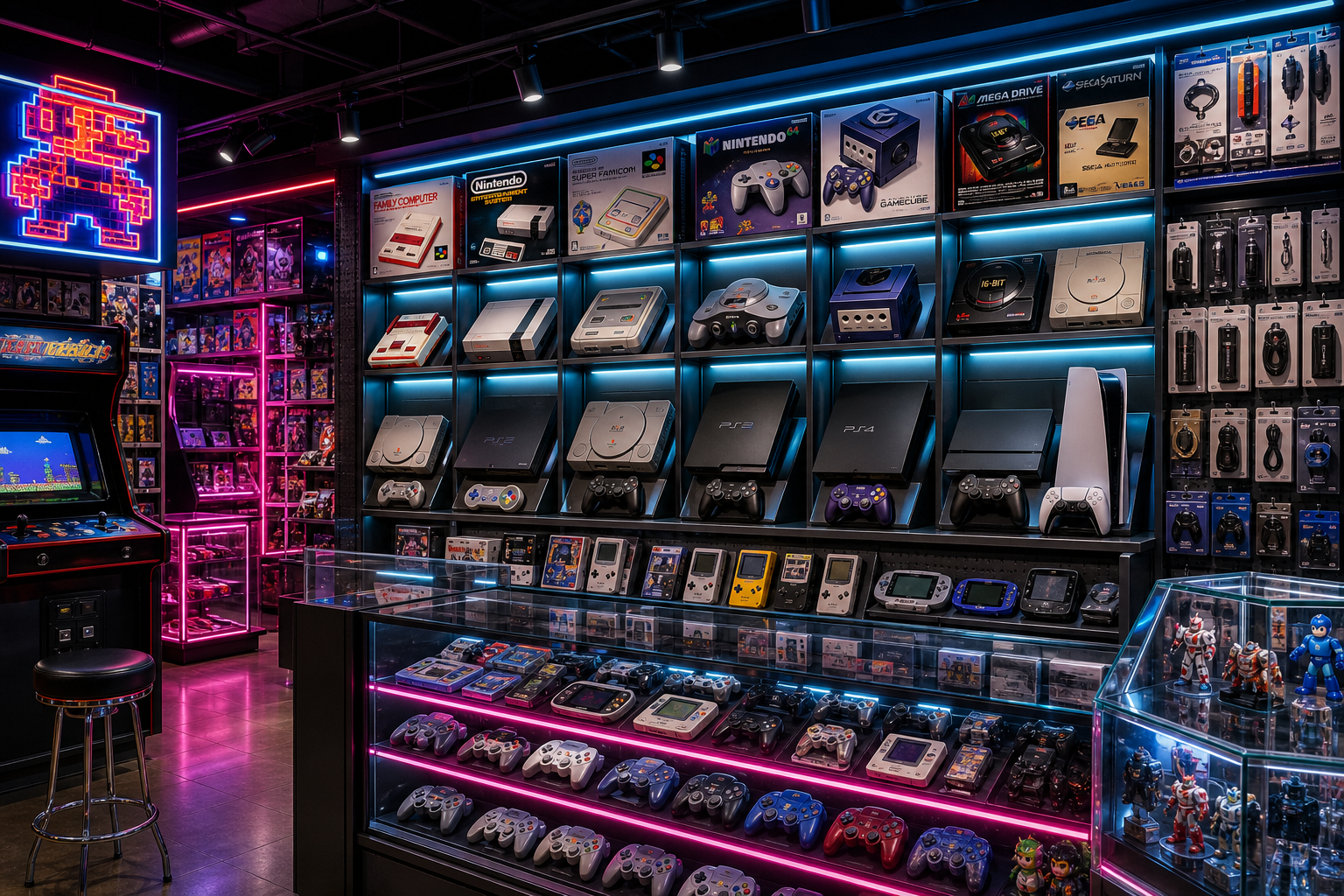 Dramatic console display wall inside a stylish Japanese game shop with stacked systems, glowing shelves, and arcade-style display elements