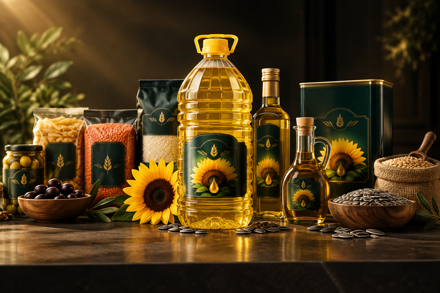 Premium wholesale-ready edible oil and food category packaging lineup / تشكيلة تغليف فاخر لزيوت الطعام والفئات الغذائية الجاهزة للجملة
