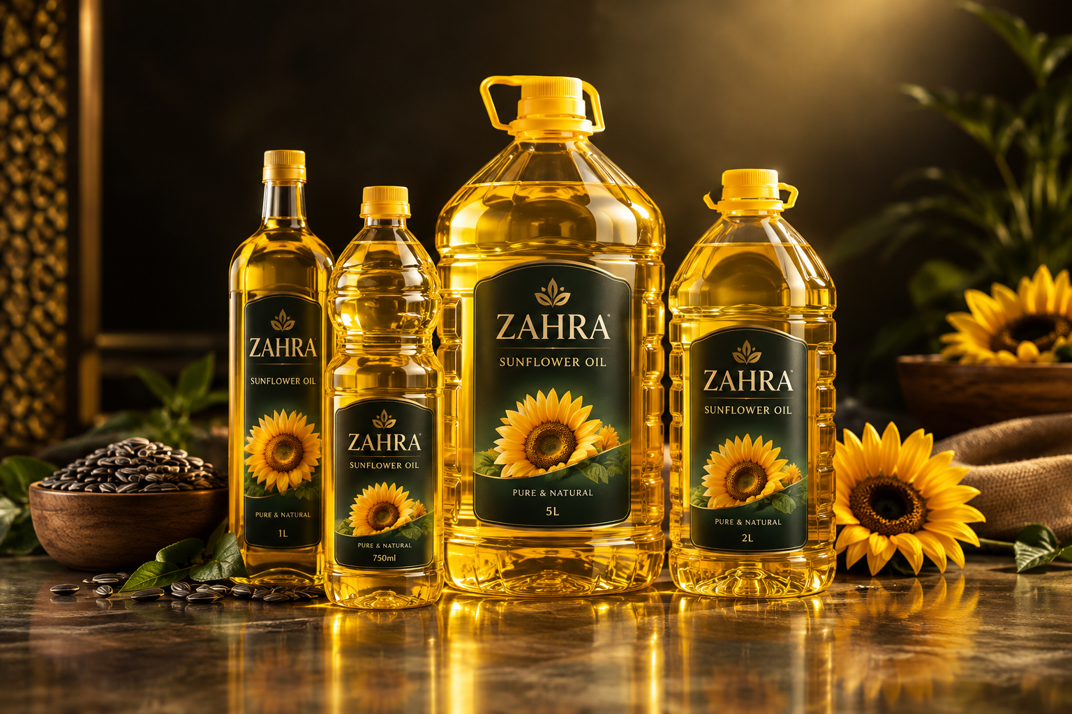 Premium sunflower oil retail bottles in studio-lit Iraqi market presentation / عبوات زيت دوار الشمس للتجزئة بإضاءة استوديو مميزة للسوق العراقي