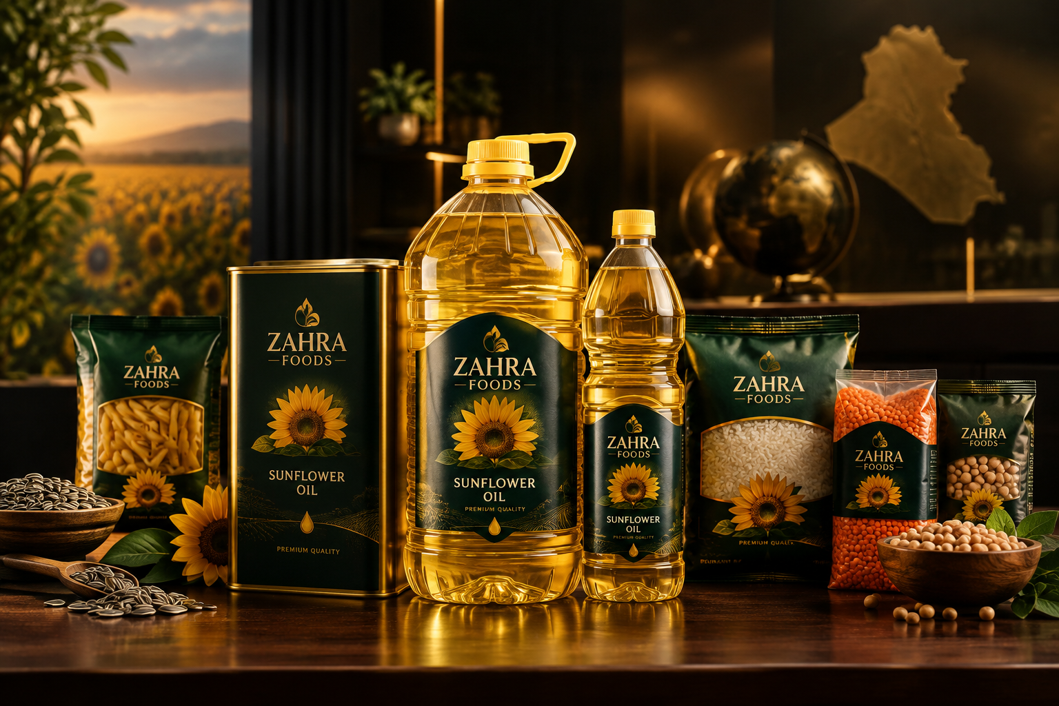 Luxury partnership-focused product family shot for Iraqi distribution growth / لقطة فاخرة لعائلة منتجات تركّز على شراكات النمو في التوزيع داخل العراق