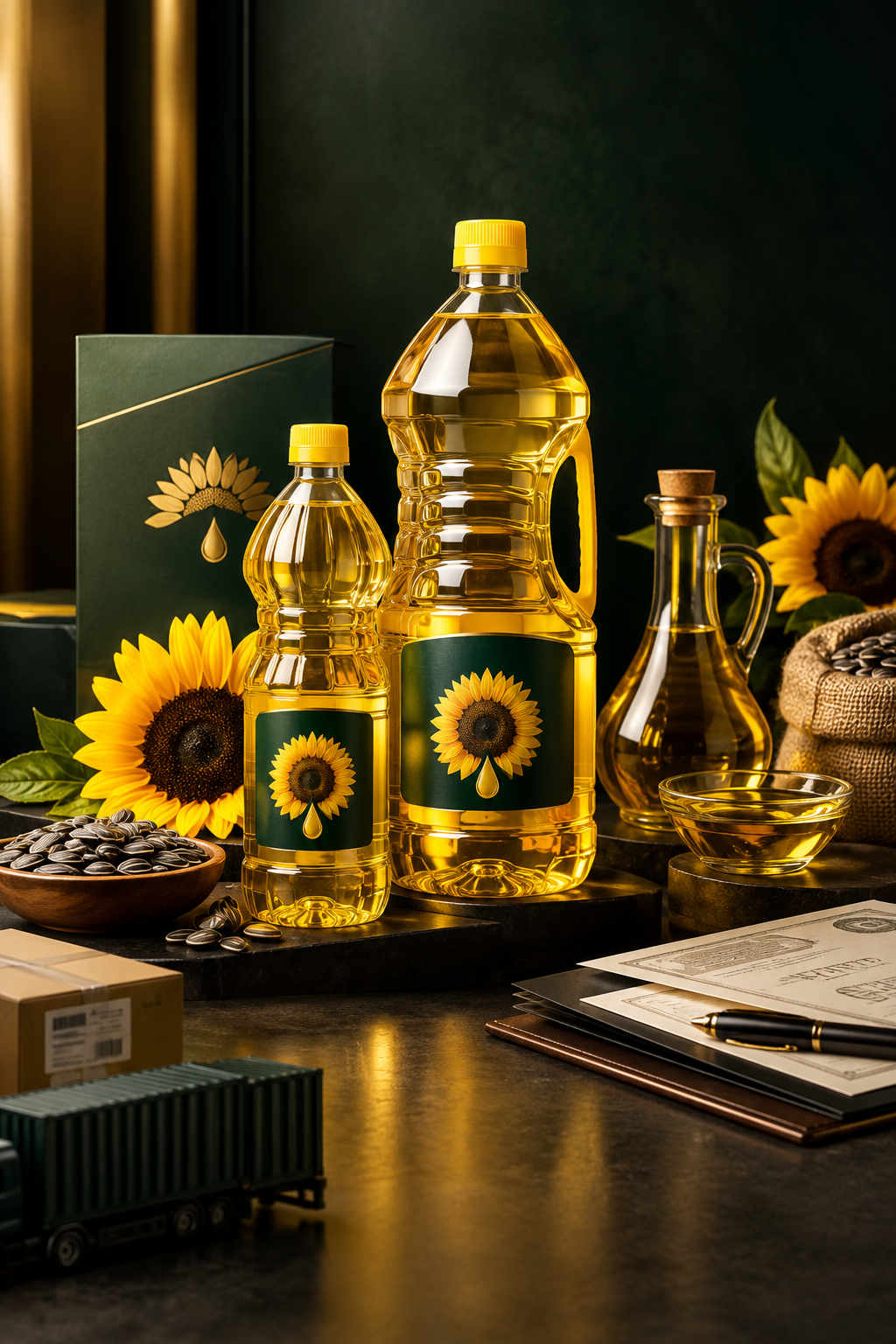 Premium studio arrangement of sunflower oil and food essentials in dark green, gold, cream, and sunflower-yellow tones with refined international sourcing cues for the Iraqi market