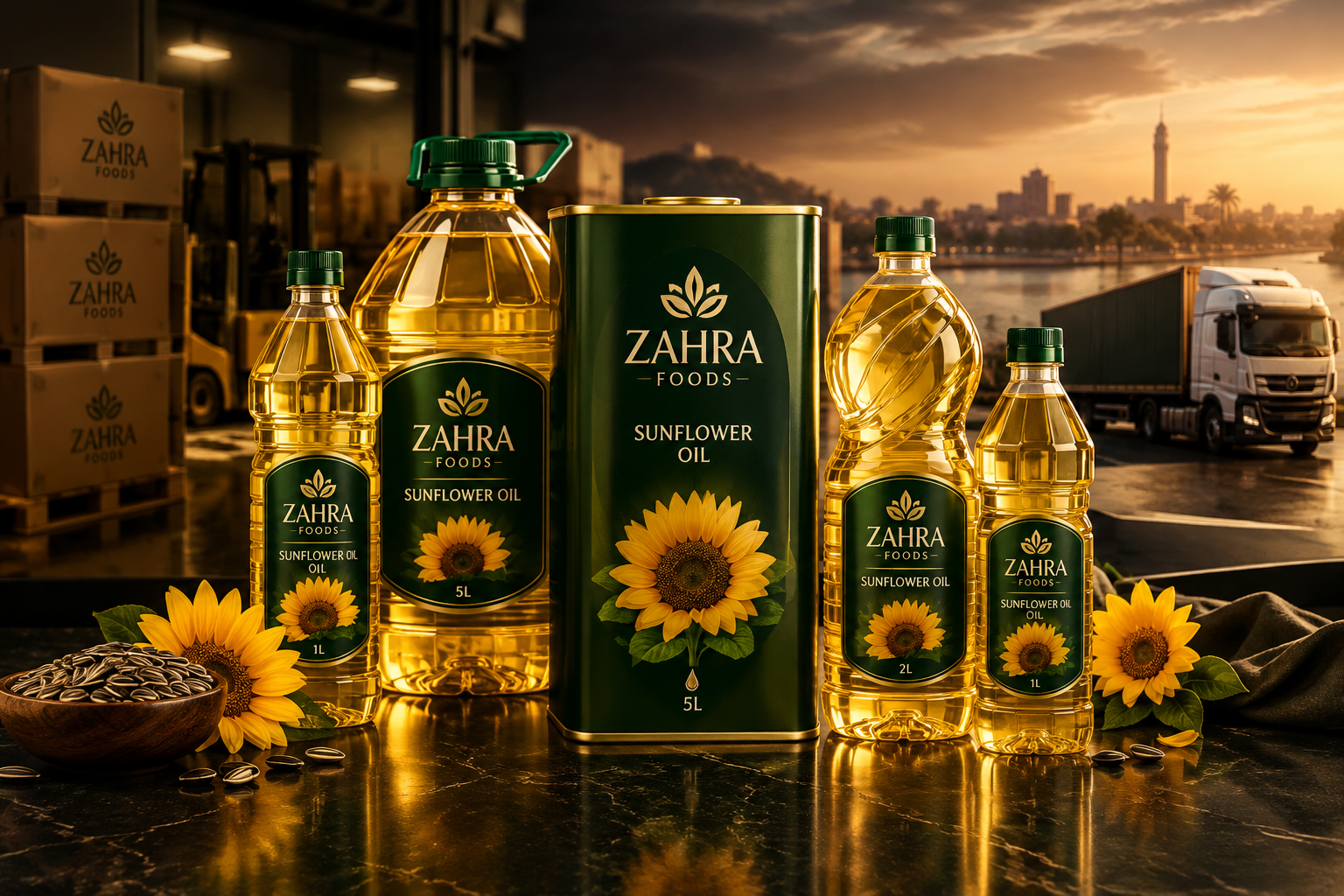 Premium editorial studio composition of ZAHRA FOODS sunflower oil packaging in multiple sizes, lit with rich warm-gold highlights and olive-toned accents, polished reflections, subtle global trade context, and appropriate Iraqi market cues without Turkish flag elements
