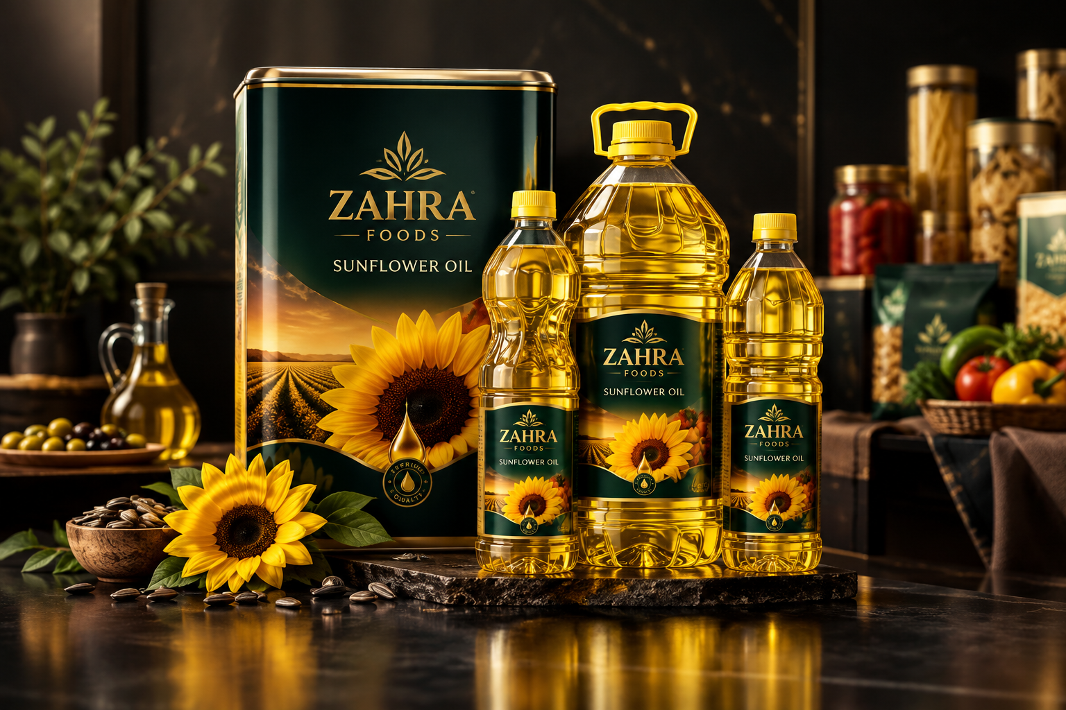 Premium studio product shot of ZAHRA FOODS sunflower and cooking oil packaging as the flagship line, with subtle cues of broader food and household portfolio expansion for Iraq